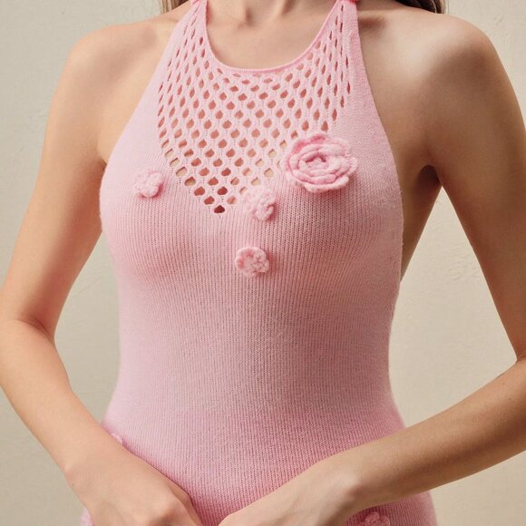 Pink Sexy Women's Beach 3D Flower Round Neck Hollow Halter Backless Cover Up - Picture 3 of 8